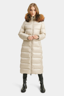 Dámská zimní péřová bunda/kabát/kabát  s kožešinou mývalovce smetana